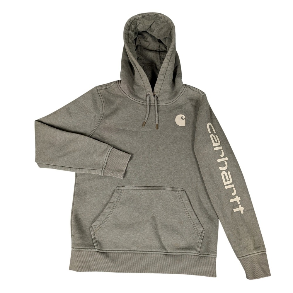 Carhartt Relaxed Fit Hoodie Olive Green Heather Graphic Sleeve Logo Sweatshirt